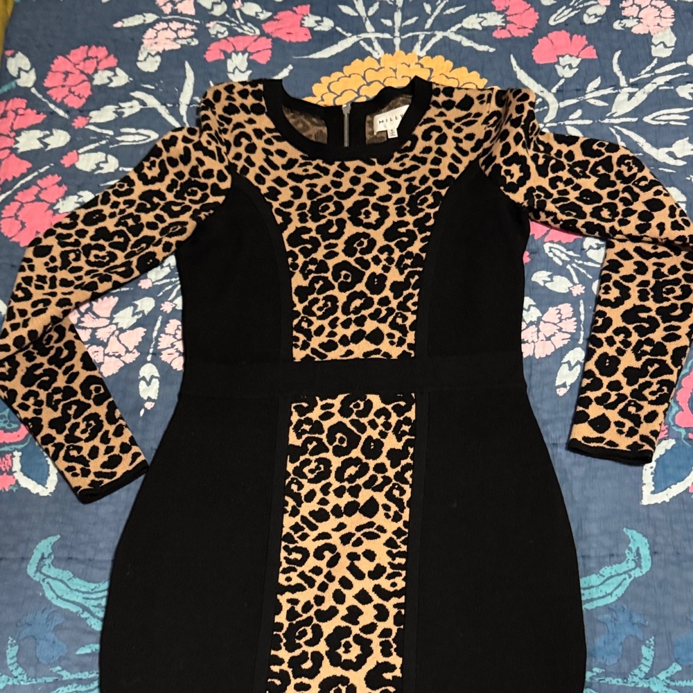 Milly Black and Tan Leopard Print Long Sleeve Dress